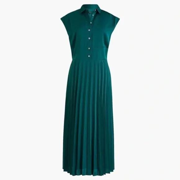 J. CREW Pleated Skirt Midi Satin A-Line Shirtdress Emerald Green Size 12 - Picture 1 of 10